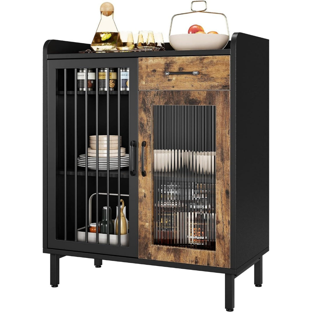 Sideboard mit Schubladen, Glastueren und Holzoptik