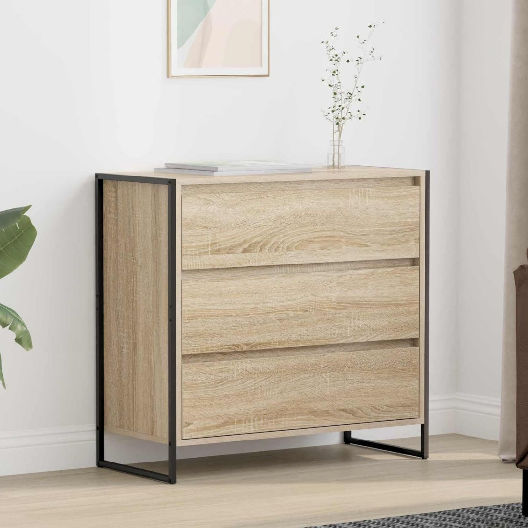 Offene Ablagen treffen auf Schubladen an dem Sideboard