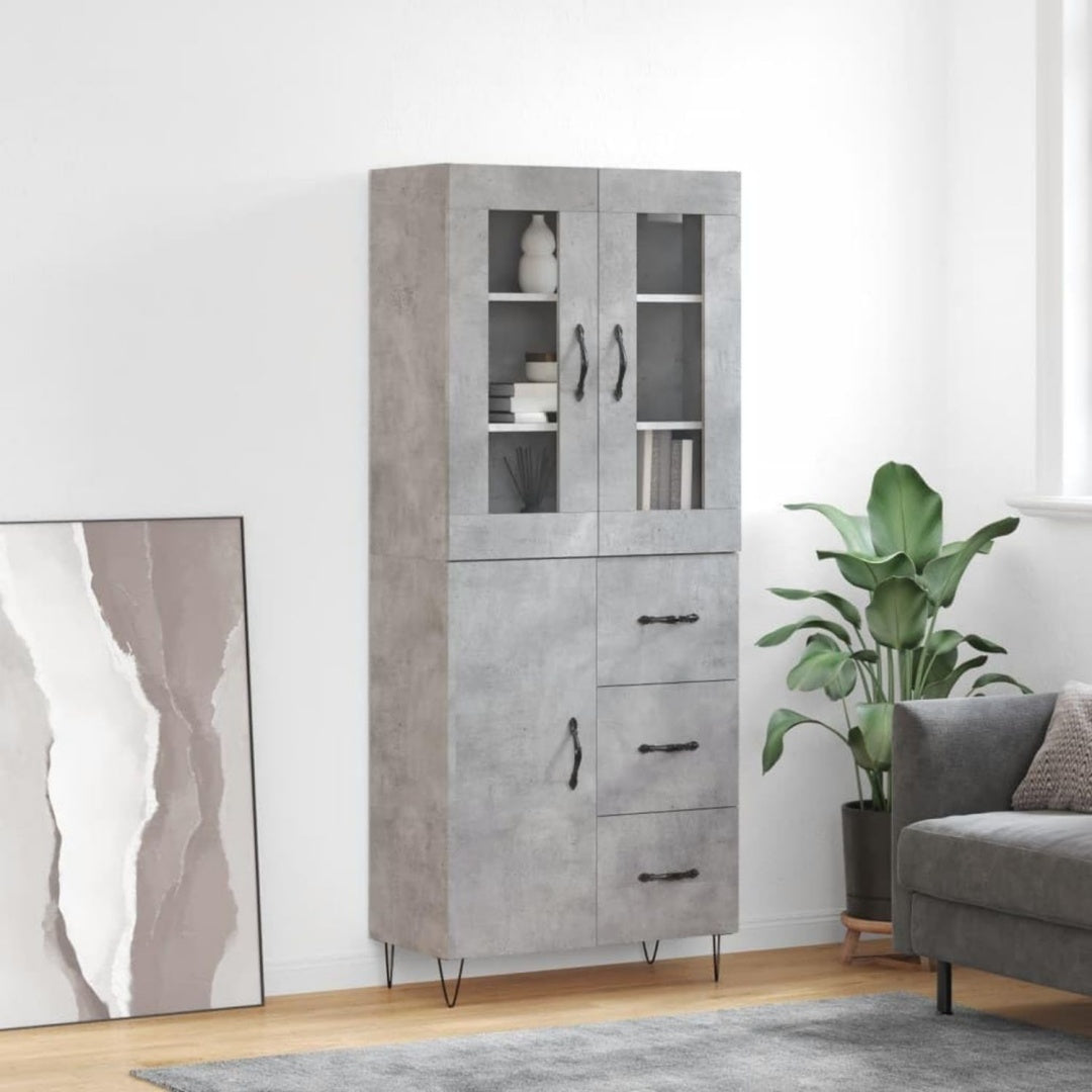 Eine Gestaltung in Betongrau kennzeichnet den Hochschrank