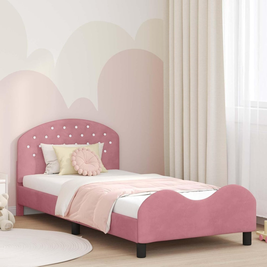 Bettgestell aus Samt und Holzwerkstoff in Rosa