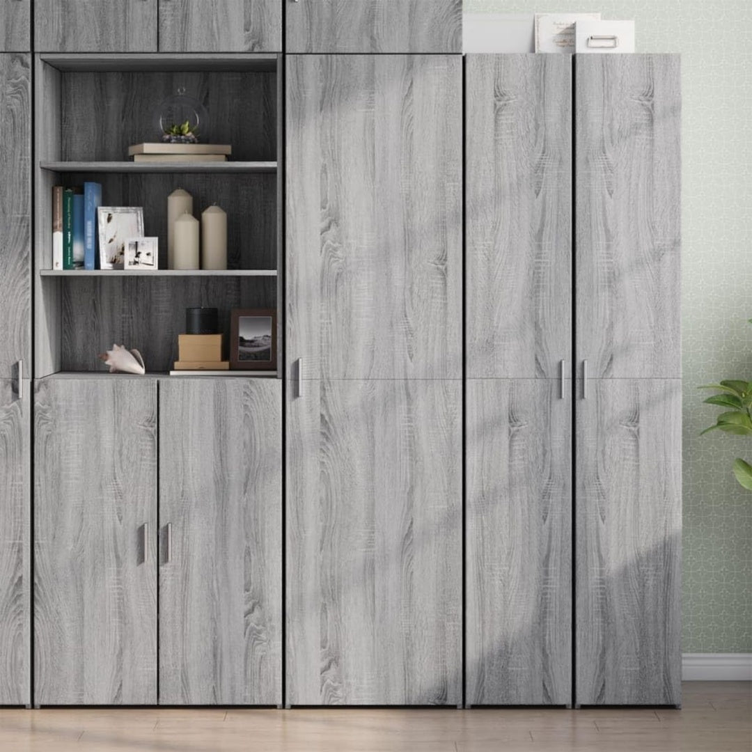 Hochschrank mit den Massen 50 x 42.5 x 185 cm in Eichenbraun und Grau