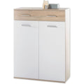 Der Schuhschrank misst 90 x 118 x 35 cm in Weiss und Eichenbraun
