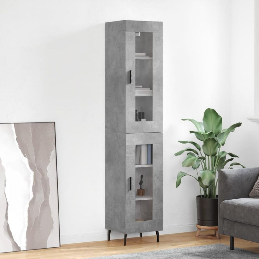 Hochschrank aus Holzwerkstoff und Metall in Betongrau mit den Massen 34.5 x 34 x 180 cm